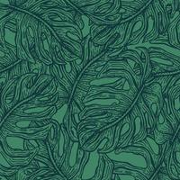 Monstera leaves seamless pattern.Retro tropical branch in engraving style. vector