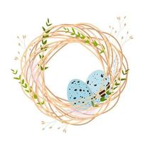 tarjeta de pascua nido de codornices. fondo de primavera. marco, corona con una pluma. un huevo de pájaro azul. ilustración vectorial Aislado en un fondo blanco. vector