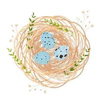 un lindo nido de pájaro con pequeños huevos adentro. tarjeta de pascua fondo de primavera. marco, corona con una pluma. ilustración vectorial Aislado en un fondo blanco. vector