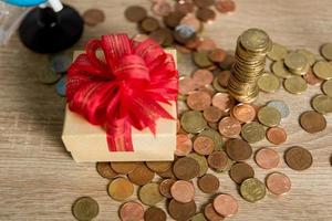 Pictures of hands and money of businessmen on the desk. Saving ideas with copy space. photo