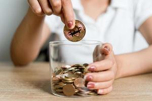 Pictures of hands and money of businessmen on the desk. Saving ideas with copy space. photo
