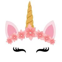 logo de unicornio con cuerno, orejas y flores.