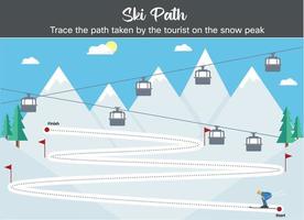 hoja de trabajo de escritura a mano preescolar, trace las líneas punteadas. hoja de trabajo de ilustración vectorial de pista de esquí para jardín de infantes para habilidades motoras finas. montaña cubierta de nieve con pista de esquí. pistas de esquí banderas rojas. vector