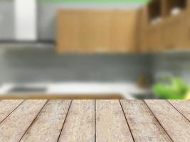 Wooden table on modern kitchen interior background photo