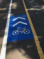 Bicycle path drawn on the asphalt road. Lanes for cyclists. Traffic signs and road safety. photo