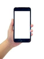 mano que sostiene el teléfono inteligente móvil aislado en blanco foto