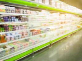 supermarket refrigerator shelves blurred background photo