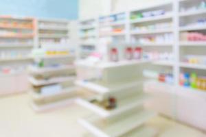 pharmacy store drugs shelves interior blurred background photo