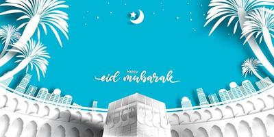 ilustración de la tarjeta de felicitación de eid mubarak, vector de dibujos animados ramadan kareem deseando festival islámico para pancarta con kaaba en la meca con estilo de papel