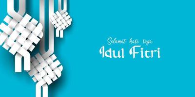 Selamat Idul Fitri with Ketupat ornament . Translation text -  Happy Eid mubarak. Celebration of islamic at ramadan with set of Ketupat the symbol of indonesian traditional food vector