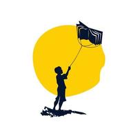 Silhouette of a child playing a kite during the day vector