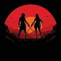 Vector silhouette of male and female swordsmen facing each other