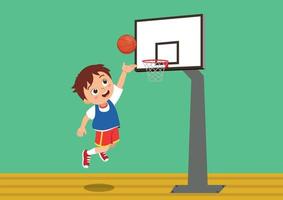 Vector illustration of happy little boy who is playing basketball. Kid who is playing basketball