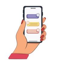 phone smartphone in hands. on isolated white background touch phone chat interface. a hand with a red manicure holds a phone. business chat phone screen vector