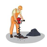 road repair builder man in uniform worker drill drilling road asphalt vector flat isolated on white orange uniform