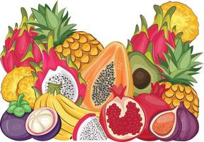 marco de frutas tropicales. cocina vegana con aguacate vectorial dibujado a mano, fruta de dragón, papaya, piña, plátano, granada, mangostán, higo, fruta orgánica o comida vegetariana. vector