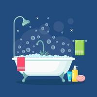 Bath full of foam with bubbles. Bathroom interior. Shower taps, soap, bathtub, shampoo, pink towel vector