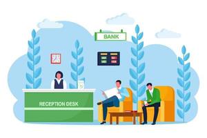 Bank office reception counter, desk with employee, manager consultant. Banking branch interior. Lobby or waiting room with soft armchair, cofee table Financial consulting center. Vector cartoon design