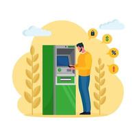 ATM bank terminal. Man customer standing near credit card reader machine and withdraw money. Vector cartoon design