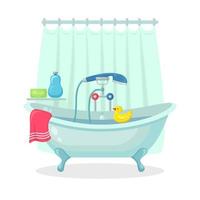 baño lleno de espuma con burbujas aisladas en el fondo. cuarto de baño grifos de ducha, jabón, bañera, patito de goma y toalla rosa. equipo cómodo para el baño y la relajación. diseño vectorial