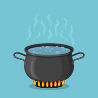 Boiling water in pan. Cooking pot on stove with water, steam, fire. Vector design