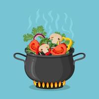 Black pan with Boiling water and vegetables. Vector design