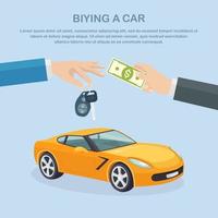 Buying new car. Hand holding automobile key and money. Vector design