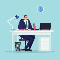 Business man working at desk. Office interior with computer, laptop, documents, table lamp, book. Manager sitting on chair. Workplace for worker, employee. Vector design