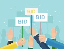 Businessman hold auction paddle in hand. Bidding, auction competition concept. People rise signs with BID inscriptions. Business trade process vector