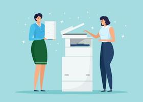 Girl with a stack of papers stands at the printer. Women print documents at the multifunctional device vector