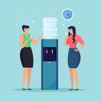 Woman drink beverage. Office water dispenser, plastic cooler with big full bottle isolated on blue background. Work break. Vector design