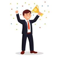 Businessman with golden trophy cup waving his hands to audience. Successful happy man vector