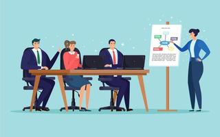 Business meeting, training in office. Presentation of learning course. Group of people sitting at table in conference room. Teamwork concept. Vector cartoon design