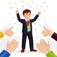 Applause, ovation, claps to winner. Business man with a gold medal waving his hands to audience. Vector design