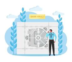 Bank vault with officer guard, safe room door with lock system. Money secure. Banking storage isolated on white background. Protection of deposit boxes, currency. Vector design