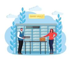Bank vault room with safe deposit boxes. Banking employee, clerk working with client. Vector cartoon design