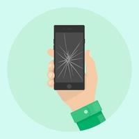 Man hold phone with cracked screen. Broken smartphone in hand vector