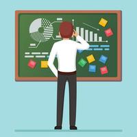 Man stands at blackboard. Business analysis, data analytics, research statistic, planning vector