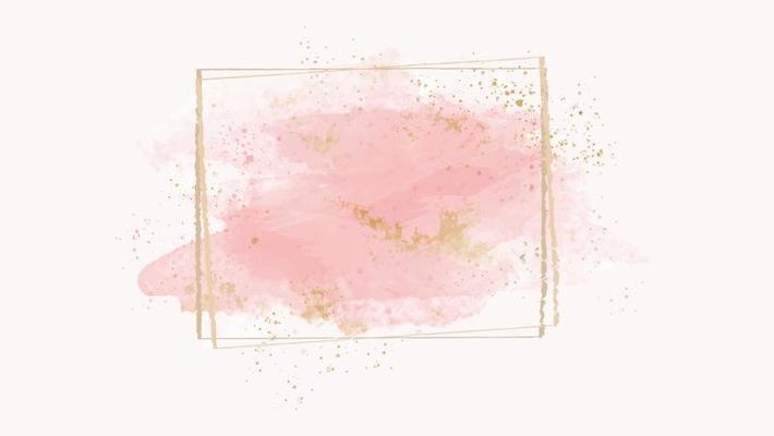 Pink watercolor and gold frame. Abstract vector background.