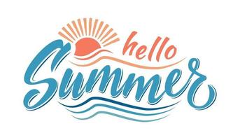 Hello Summer lettering composition with sun and waves vector