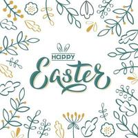 Happy Easter hand lettering text with flowers and branches in retro style. Happy Easter sign with bunny ears. For Easter badge, postcard, card, invitation, poster, banner. vector