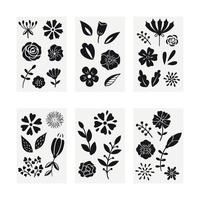 Collection of decorative flowers. Set of flat stylized flowers. Black silhouette flowers, leaves and branches. Vector isolated illustration