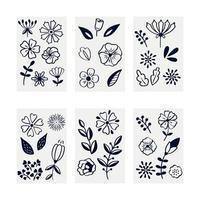 Collection of decorative flowers. Set of flat stylized flowers, leaves and branches. Vector isolated illustration.