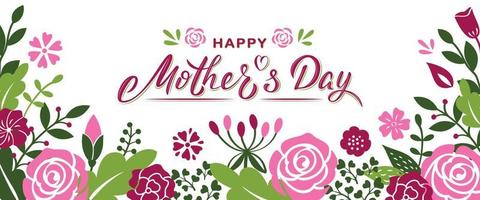 Happy Mother's day hand lettering text with flowers and branches. Banner template for mother's day. vector