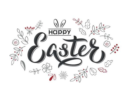 Happy Easter text hand lettering with flowers and branches. Happy Easter sign with bunny ears. For Easter logotype, badge, postcard, card, invitation, poster, banner, email.