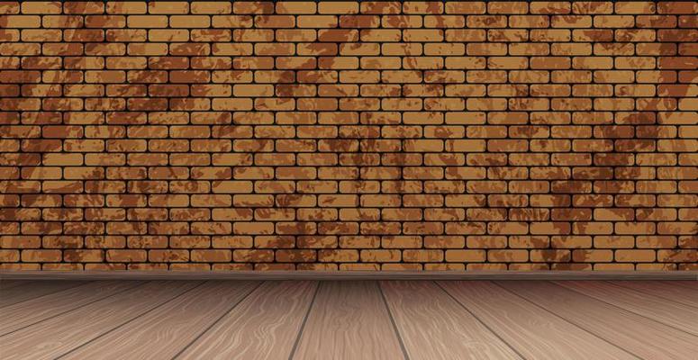 Stylish studio, panoramic red brick background with peeling paint, wooden floor - Vector