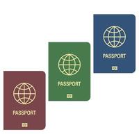 3 colores diferentes de pasaportes en fondo blanco. vector