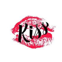 Kiss calligraphy hand lettering with lipstick kiss isolated on white. Imprint of red lips. Vector template for typography poster, banner, flyer, Valentines Day greeting card, t-shot, mug, invitation.