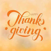 Happy Thanksgiving Day hand written with brush. Calligraphy lettering and fall maple leaves on autumn gradient background. Thanksgiving Day party vector banner.