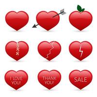 Set of nine red hearts icons isolated on white background. Valentine s day vector collection. Love story symbol. Easy to edit design template.